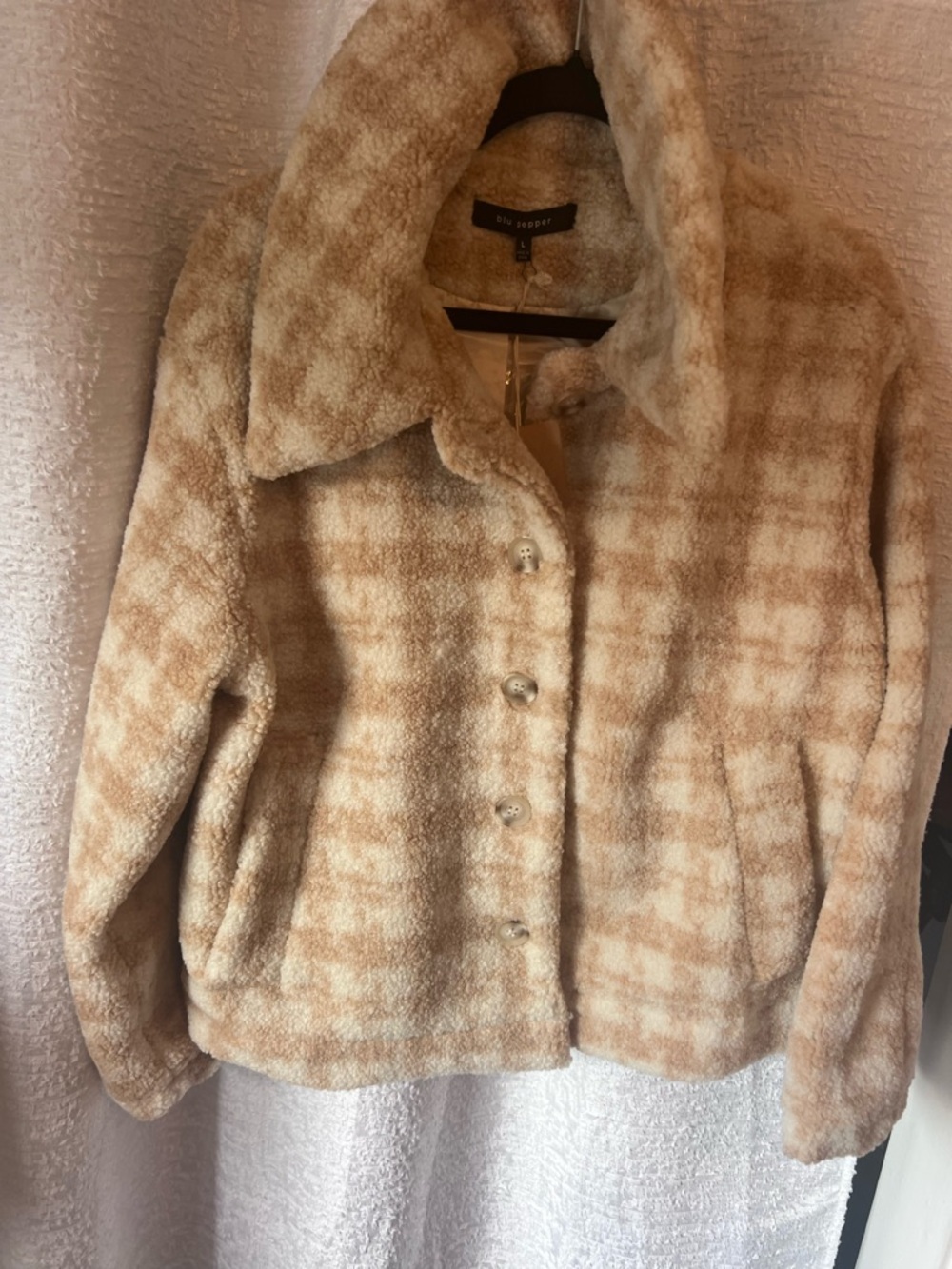 Blu Pepper Plaid Teddy Jacket - Beige Cream